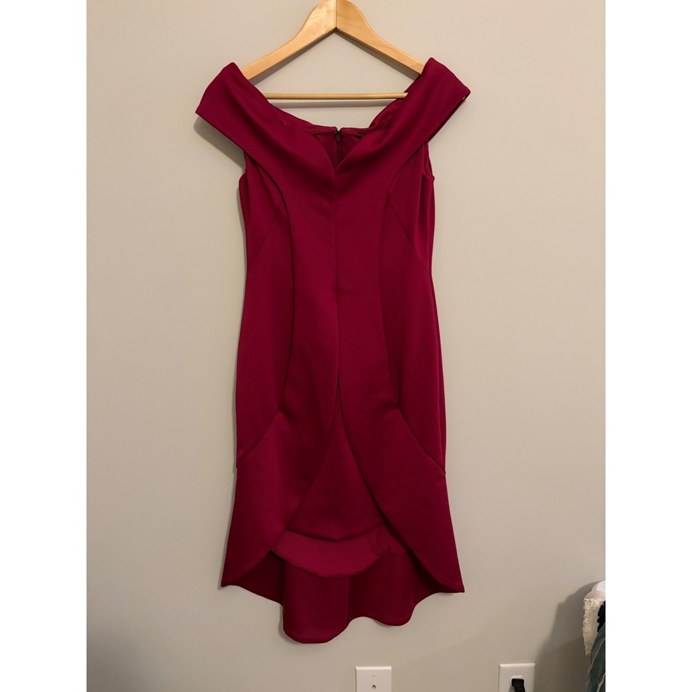 Black Halo Burgundy Off the Shoulder High Low Tulip Hem Sheath Dress RN 156523
